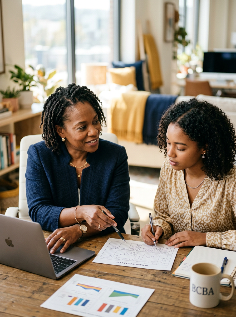 A BCBA supervisor mentoring a graduate student while reviewing data together