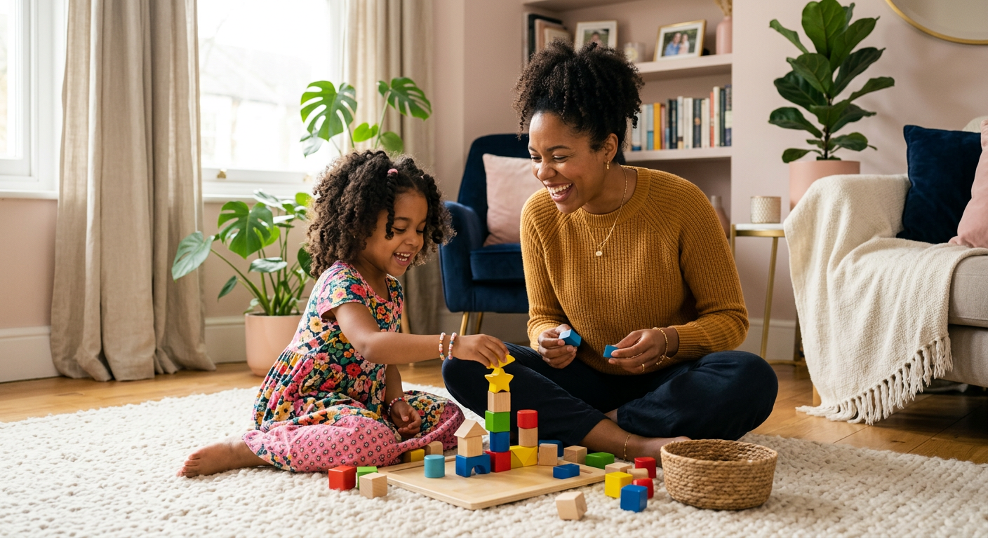 A Black mother playing with her daughter using colorful learning blocks