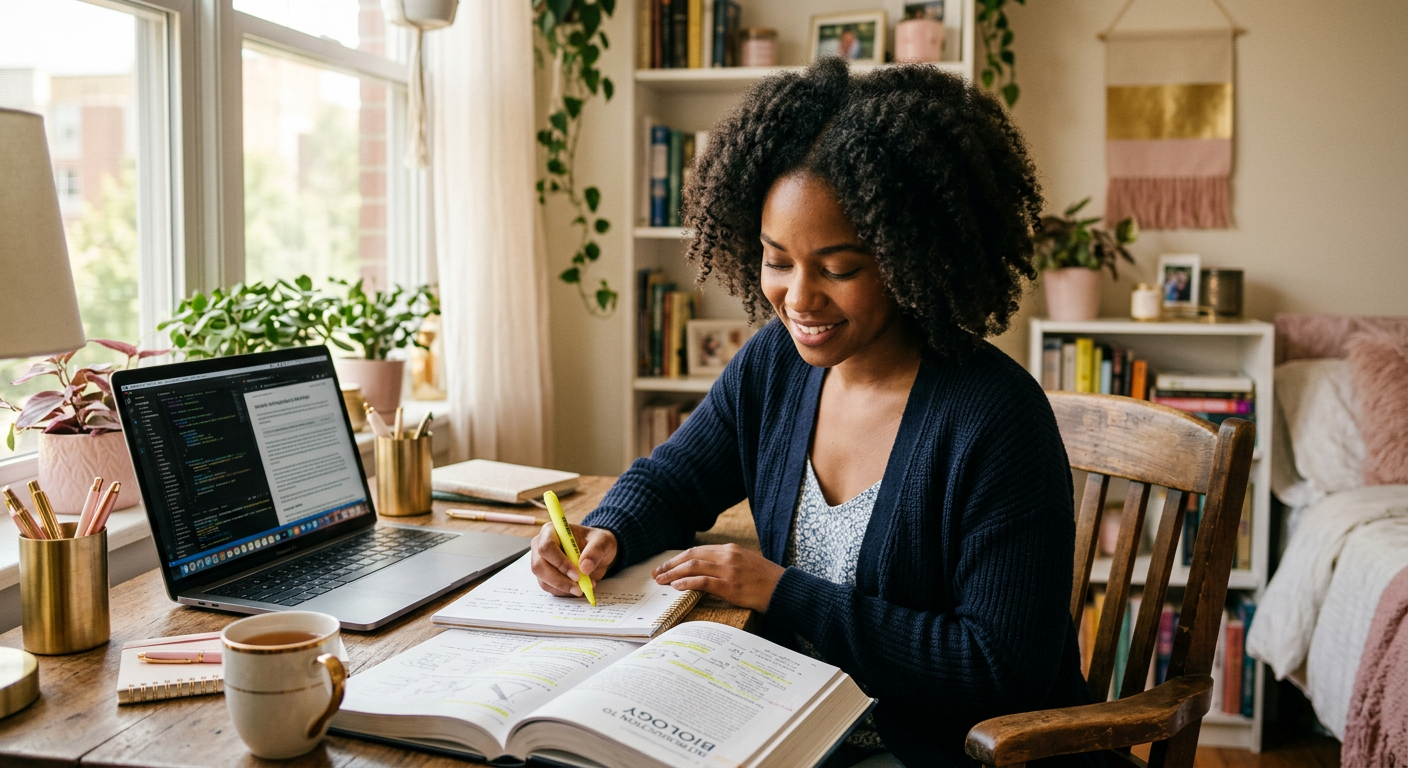 A young Black woman studying ABA with a laptop and flashcards